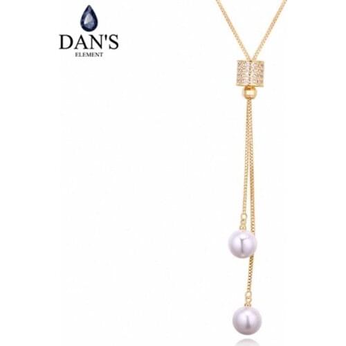 DANS Element AAA Zirconia Micro Inlays Fashion Pearl Tassel Pendant 3 Color Necklace For Women Valentines Gift 130389