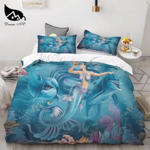 Dream NS Mermaid Bedding Sets For Kids Girls Ocean Style Printing Blue White Soft Duvet Cover Sets Queen King Quilt Cover Bed