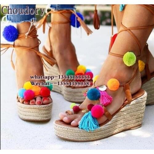 Luxury Brand Colorful Pom Pom Sandals Espadrilles Wedge Sandals Platform Lace up Gladiator Sandals Women Shoes Summer