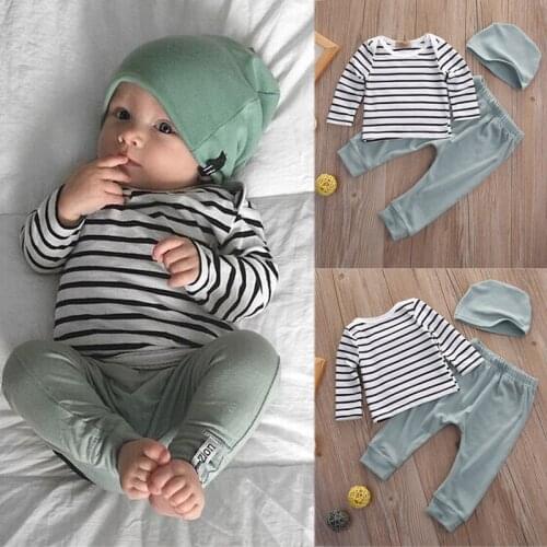 3Pcs Toddler Baby Boy Girl Striped T-shirt Tops+Solid Color Pants Leggings+Hat Pajamas 0-18M