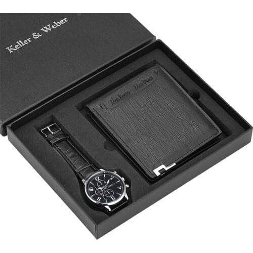 Keller & Weber Black Mens Wallet Quartz Wristwatch Gift Set Fashion Purse Birthday/Xmas Present Sets for Male