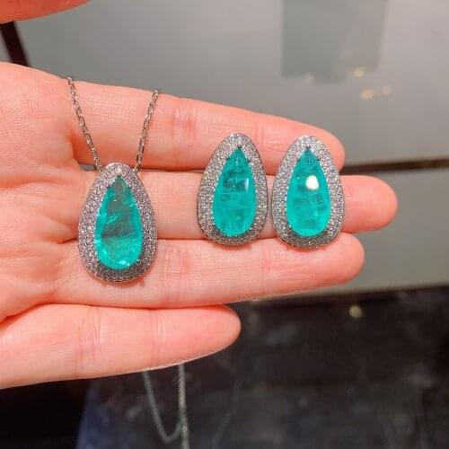 QTT Delicate Paraiba Tourmaline Gemstone Jewelry Sets 925 Sterling Silver Stud Earrings Ring Necklace Wedding Accessories Set