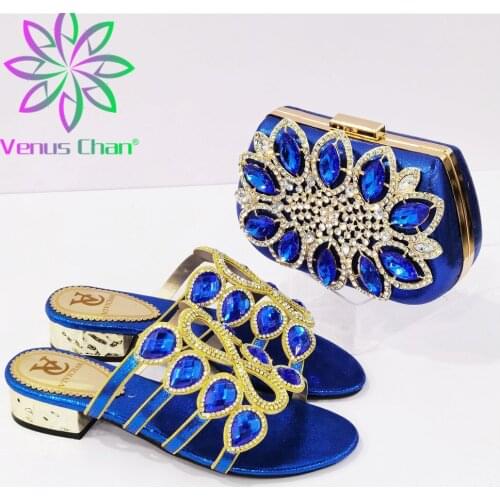 Shoes and Bag Set Blue Color African Matching Shoe and Bag Set Decorated with Rhinestone Nigerian Shoes and Bag Set for Women