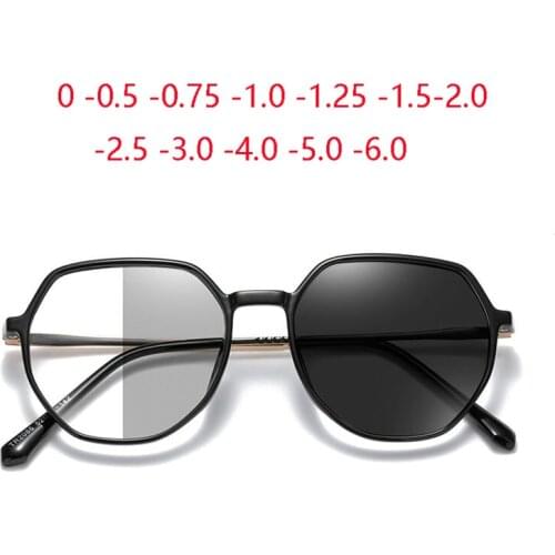 Metal Photochromic Gray Polygon Prescription Spectacles Women Literary TR90 Oversized Nearsighted Glasses 0 -0.5 -0.75 To -6.0