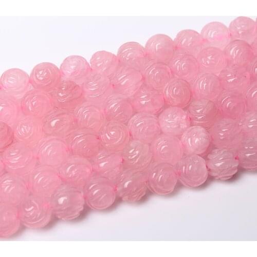 Natural Rose Crystal Stone 3D Flower Carved 6 8 10 12mm Pink Quartz Round Beads Accessories Necklace Bracelet DIY Jewelry Making