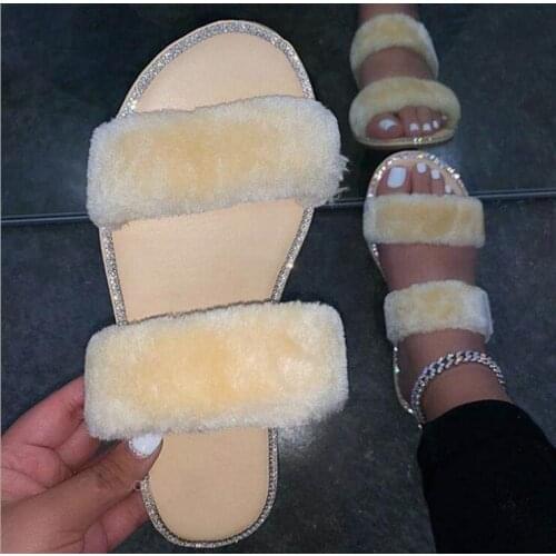New 2020 autumn winter fox hair soft Double layer smooth flat rhinestone casual all-match our slippers outdoor women sandals