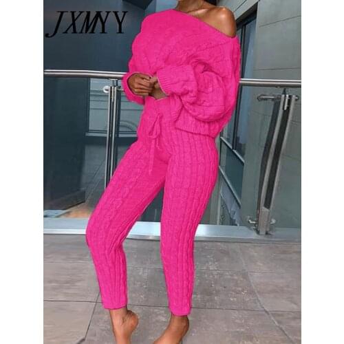 Autumn Winter Women Knitted Tracksuit Two Piece Set Women Sweater Tops Elastic Waist Pant Knitted Suit Women Two Piece Outfits