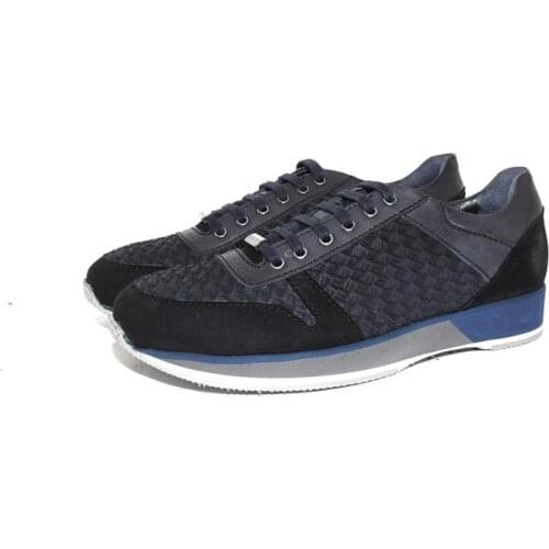 SHENBINS Exclusive Handmade Basic/Running Shoes with Dark Navy Blue Nubuk and Carved Leather Design