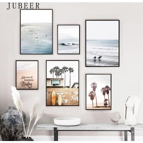 Scandinavian Style Surf Posters and Prints Sea Beach Wall Pictures for Living Room Coconut Tree Canvas Prints Travel Scenery Art