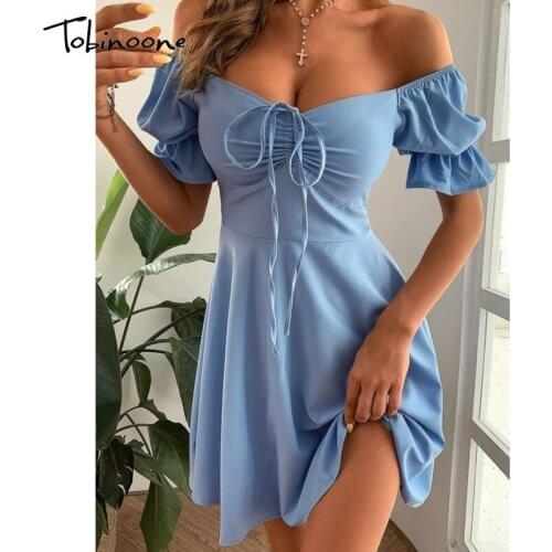Tobinoone Summer Off Shoulder Mini Dress Women Lace Up A-Line High Waist Short Sleeves Sexy Robe 2021 Zipper Beach Vestidos