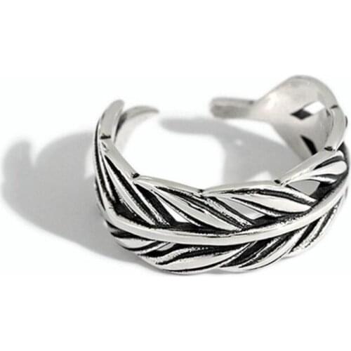Vintage Hollow Leaf Cold Wind Feather Pattern 925 Sterling Silver Open Retro Rings For Female Anillos Mujer Wholesale SR256