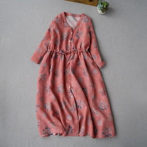 Summer womens light ramie dress literature and art printed long skirt V-neck waist drawstring open button Dress 0808