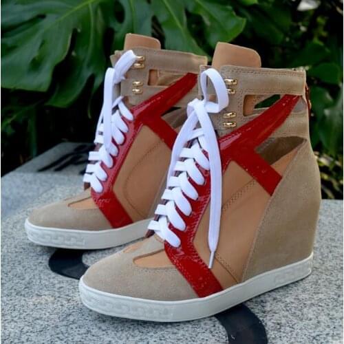 100% Real Photos Girls 80 mm Height Increasing Wedge Shoes Woman Round Toe Lace Up Front Zipper Back Casual Ankle Boots Sneakers