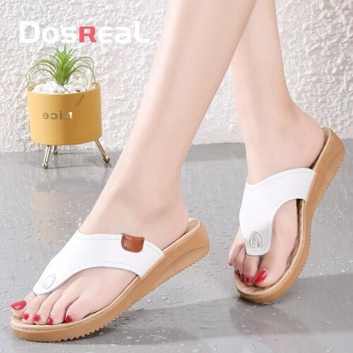 DOSREAL Slippers Shoes For Women On Sale Original 2021Leather Wedge Sandals Korean Style Summer Beach Walk Ladies Flip Flops