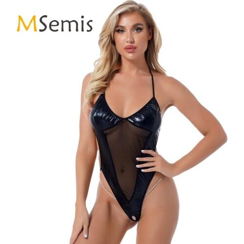 Womens Lingerie Lace-up Crotchless Bodysuit Underwear Wetlook Faux Leather Nightwear See-through Mesh Patchwork High Cut Leotard