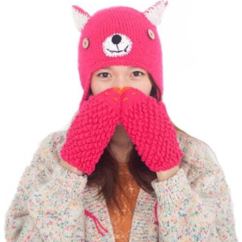 BomHCS Knitted Animal Ears Wolf Hat and Gloves Women Cosplay Beanie Warm Cap (Hat S for children 48-50cm, L for adult 53-61cm)