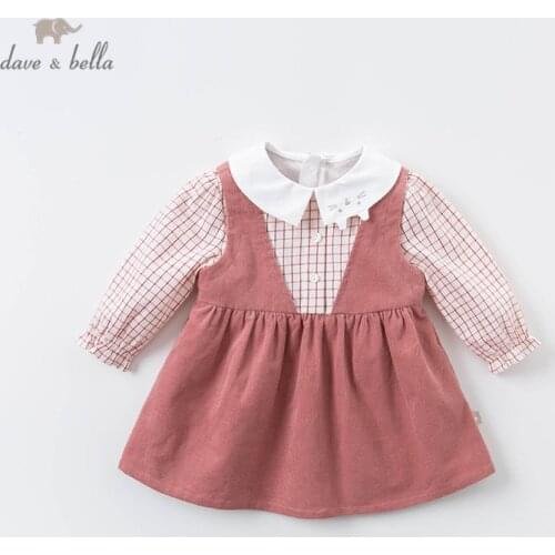DBM14400 dave bella autumn baby girls cute cartoon plaid dress children fashion party dress kids infant lolita clothes