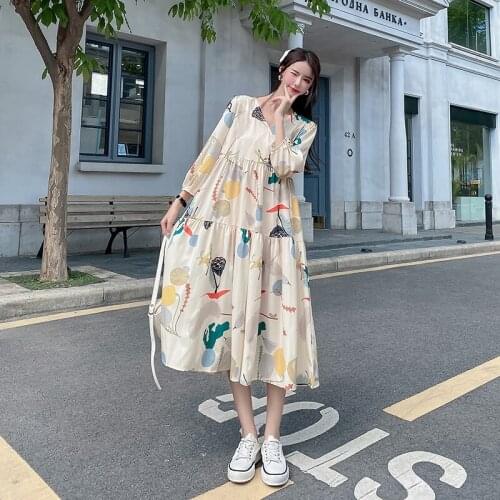 New V-neck Floval Maternity Long Dress Elegant Retro A-Line Casual Loose Dress Clothes for Pregnant Women Pregnancy Wear