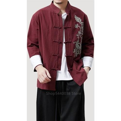 Chinese Hanfu Blouse Jacket Traditional Chinese Clothing for Men Emboridery Dragon Linen Kungfu Shirt Top Tang New Year Clothes