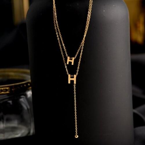 316L stainless steel fadeless letter M H round piece retro fashion personality lengthened joker necklace sweater for women