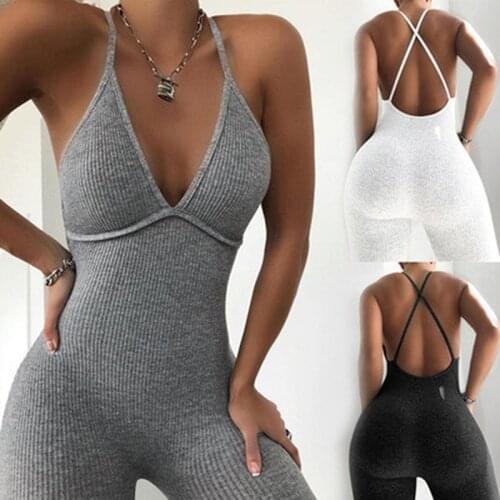 Sexy Strap V Neck Ribbed Knitted Playsuit Women Solid Backless Bodycon Rompers Fitness Clothes Summer Skinny Jumpsuit
