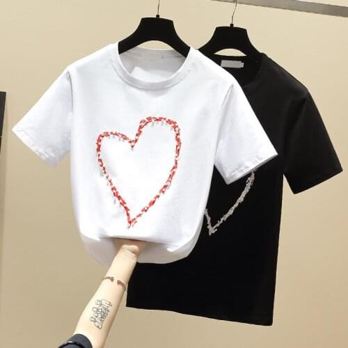 Short Sleeve T shirt Women Clothing Casual Summer Tops Female T-shirt Love Beading Korean Fahsion Cotton Tee Shirt White 2021