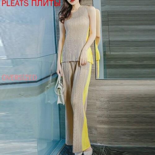 Miyake Pleated Wide-leg Pants Two-piece Summer New Style Womens Fashion Stitching Vest Suit Two Pieces Set Trousers Set