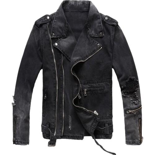 European American Street Fashion Men Jackets High Quality Black Color Casual Ripped Denim Jacket Men Cotton Punk Biker Coats