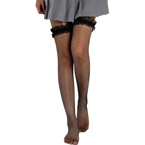 2021 New Fashion Woman Girls Solid Black White Fishnet Over Knee Ruffles Stocking One Size Long Socks For Women