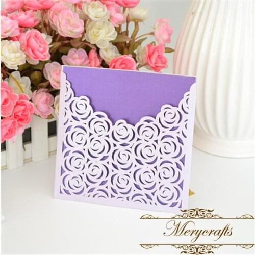 Rose light purple color laser cut wedding invitation cards pocket