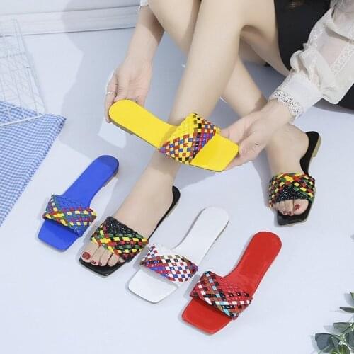 Women 2021 Summer Weave Square Heel Sandals Slippers Ladies Flat Color Slipper Female Casual Outdoor Beach Square Toe Slides
