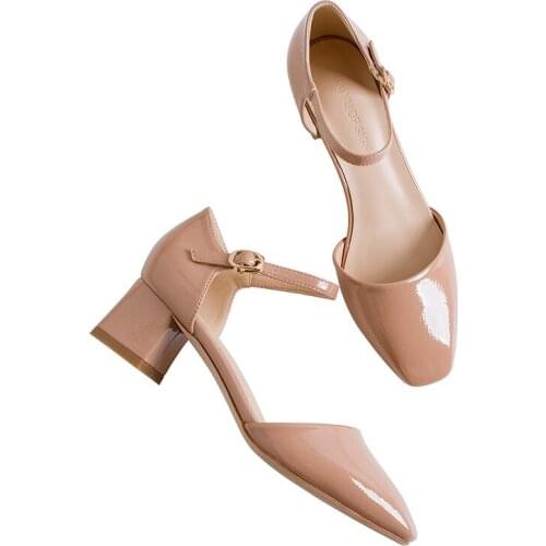 New summer PU Word buckle Womens shoes Square head Thick with High heels women pumps