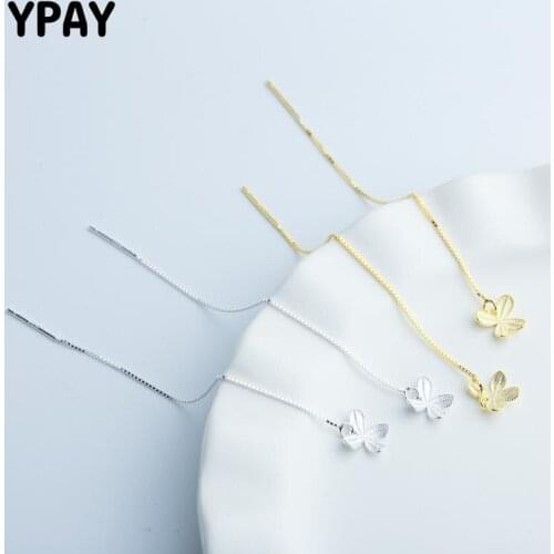 YPAY Korea Sweet Butterfly Drop Dangle Earrings Women Girls 100% Real 925 Sterling Silver Long Chain Ear Line Jewelry YME600