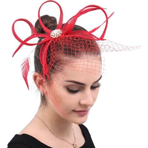 Red Sinamay hair Accessories Elegant Bridal veils Mesh Fascinator Women Hair Clips Feather Beads Hair Bands Party Wedding Church