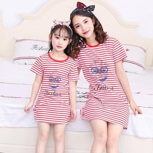 Spring Summer Children Cartoon Pajamas Girl Nightwear Cotton Short Sleeve Parent-child Dress Boy Girls Nightgown Dress