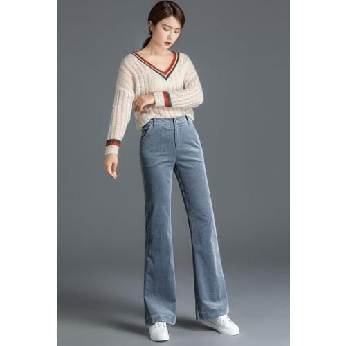 Women Autumn Winter Flared Pants Corduroy Pants High Waisted Casual Female Trousers Bell Bottom Solid Pants