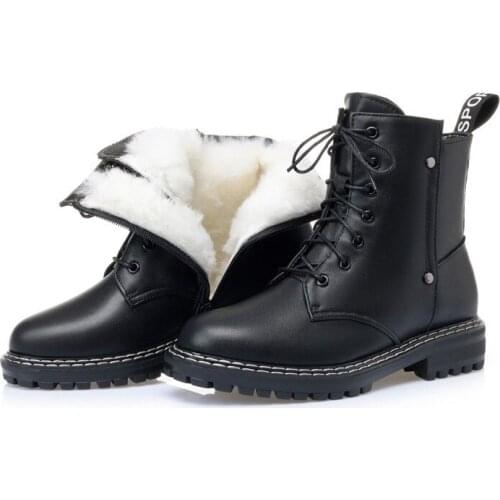 2020 Winter Womens Short Boots Genuine Leather Thick Heel Leather Boots Wool Warmth Non-Slip Ladies Martin Boots Casual Shoes