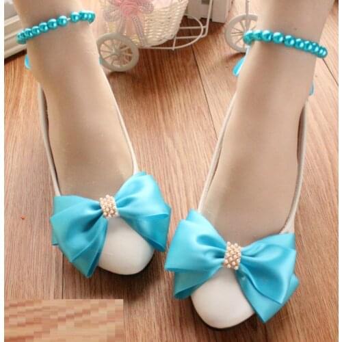 Blue bow wedding shoes for woman handmade sweet party pumps shoes with butterfly-knot female proms dress shoe