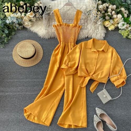 Women Two Piece Set 2020 New Sling Fold Wide Leg Jumpsuit Ladies Turn Down Collar Short-Sleeved Shirt Female Tide