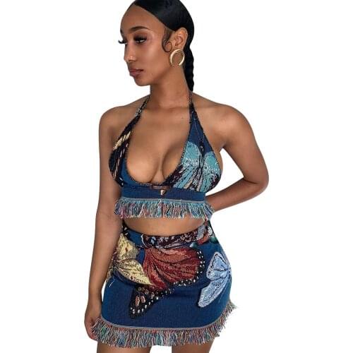 Halter Sexy Crop Top and Mini Skirts Two Piece Rave Festival Matching Set Fashion Outfits Sleeveless Womens Set Wholesale