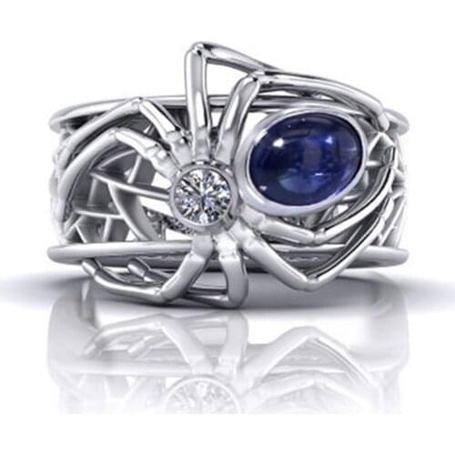 Creative Blue Zircon Crystal Spider Ring for Women Punk Style Party Animal Rings Jewelry Hand Accessories Size 6-10