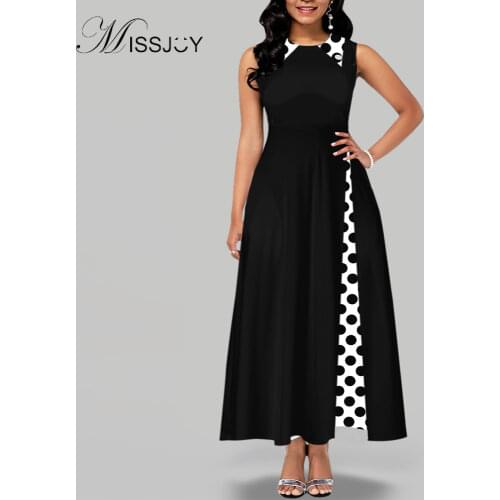 MISSJOY Womens European and American sleeveless polka dot stitching lapel casual A-line dress black long skirt