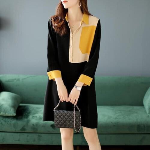 Elegant Fashion Dress Women 2021 Summer Three Quarter Sleeve Lapel Color Block Straight Mini Dress Female Collar Chiffon Wear