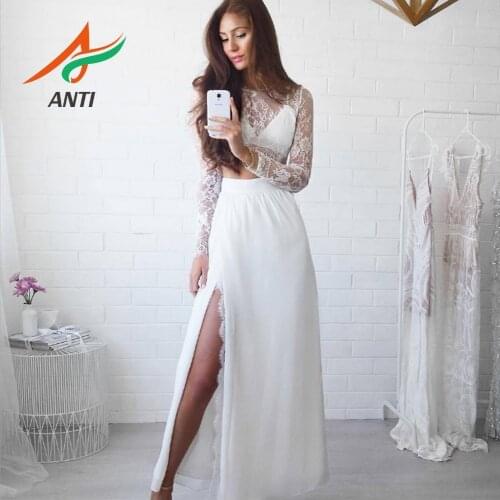 ANTI Robe De Soiree Sexy White And Black Evening Dresses 2019 New Arrival 2 Pieces Full Sleeve Tulle High Split Vestido Soiree