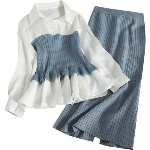 2021 Autumn Winter Fashion Sets Blouse Patchwork Pullover Knitwear + Split Slim Knit Mid Skirt Women Elegant Suits