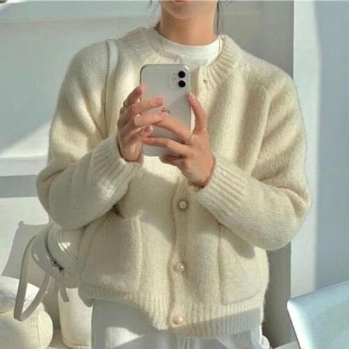2021 Chic Sweater Womens Loose Outer Wear Soft Chic Tops Coat Korean Style Retro Crew Neck Plaid Knitted Cardigan
