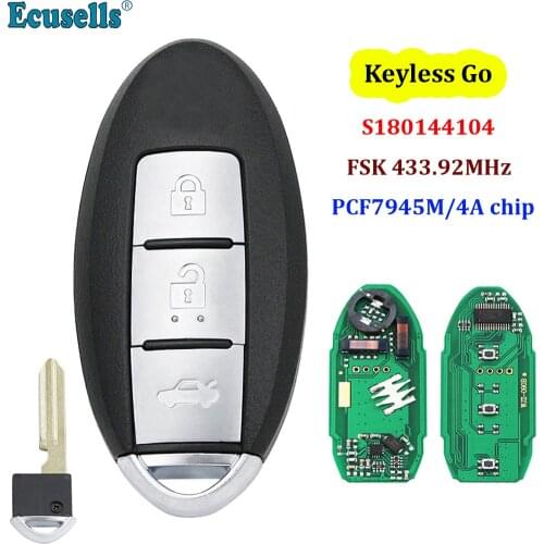 3 Button Keyless-go Remote Key FSK 433.92MHz PCF7945M / HITAG AES / 4A CHIP for Nissan Pulsar Qashqai X-trail S180144104