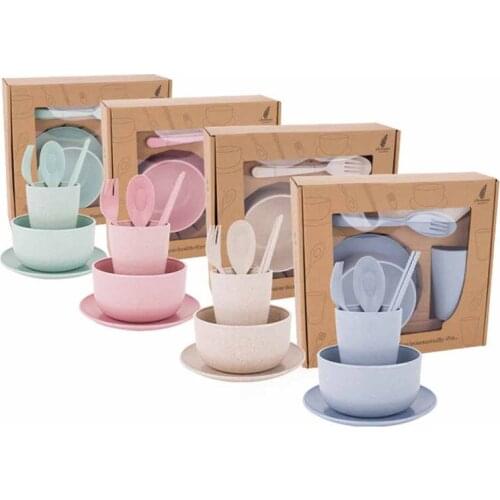 6pcs/set Wheat Straw Tableware Set Tableware Dishware Set Simple Dishes Salad Soup Bowl Steak Plate Bowls For Baby Children