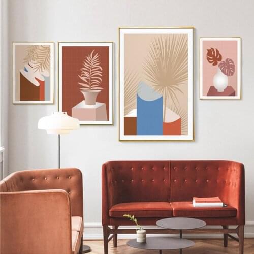 Abstract Pink Hand Printed Plant Leaves Geometry Picture Wall Art Posters Modern Canvas Painting for Living Room Unique Decor