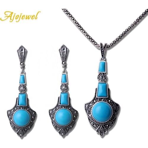 Ajojewel Black/Orange/Blue Resin Stone Vintage Jewelry Set Long Pendant Necklace Earrings Sets For Women Fine Gift